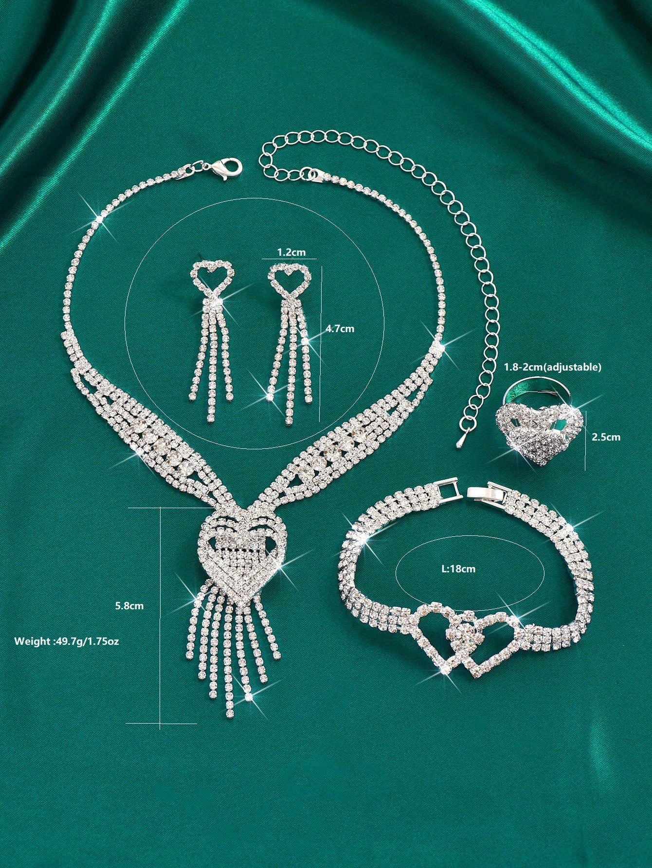 Mother's Day - Heart Shaped Rhinestone Necklace Earrings Bracelet
