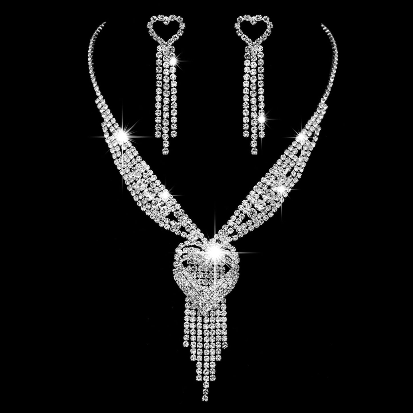 Mother's Day - Heart Shaped Rhinestone Necklace Earrings Bracelet