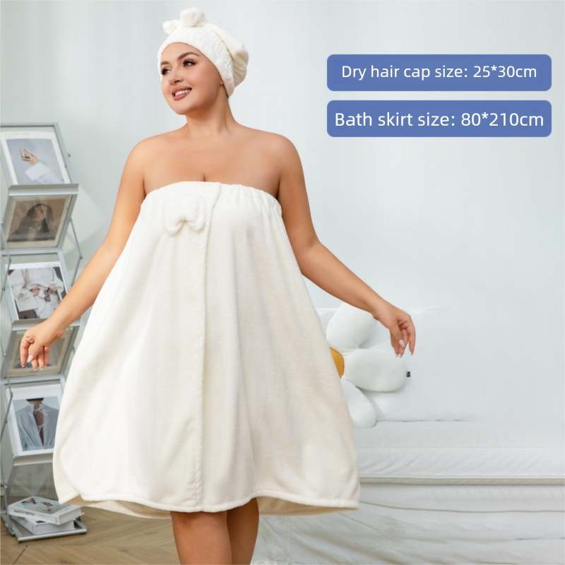 White Plus Size Bath Wrap Dress with Adjustable Elastic Waist and Bow Detail