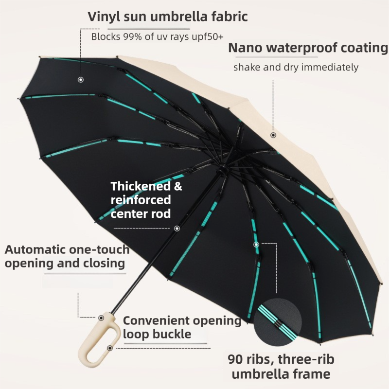 Green Heavy Duty Fully Automatic Carabiner Umbrella with Integrated Hook Handle (Diameter 116CM) - Ultra Windproof and UV Protective Sun & Rain Umbrella
