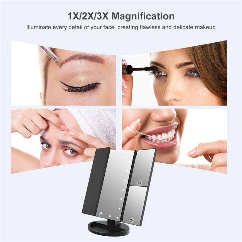 Black 360° Rotating LED Tri-Fold Makeup Mirror – 22-Bulb Illuminated Vanity Mirror with 1X/2X/3X Magnification
