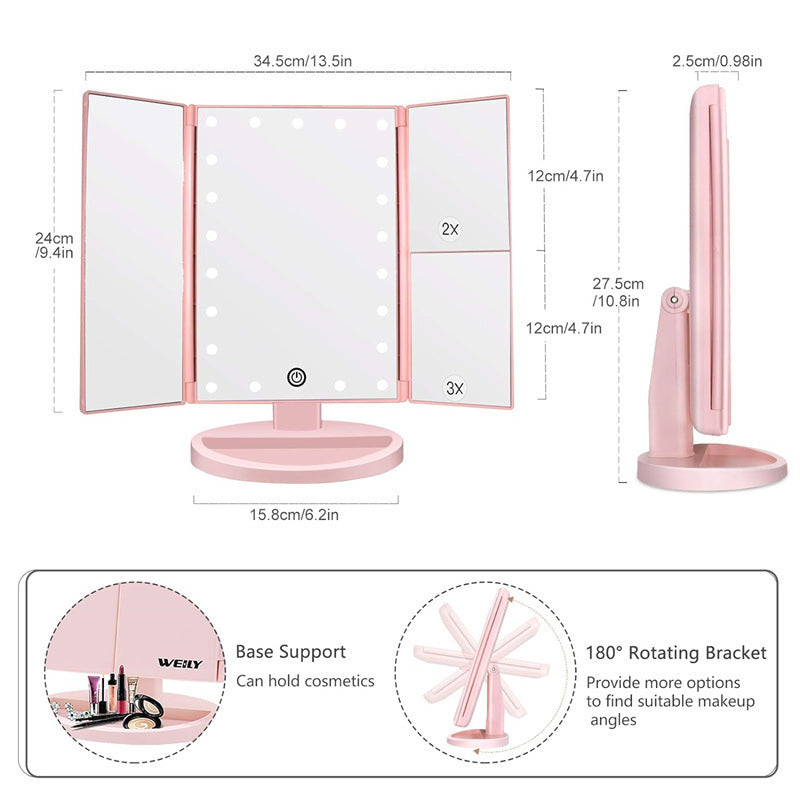 Black 360° Rotating LED Tri-Fold Makeup Mirror – 22-Bulb Illuminated Vanity Mirror with 1X/2X/3X Magnification