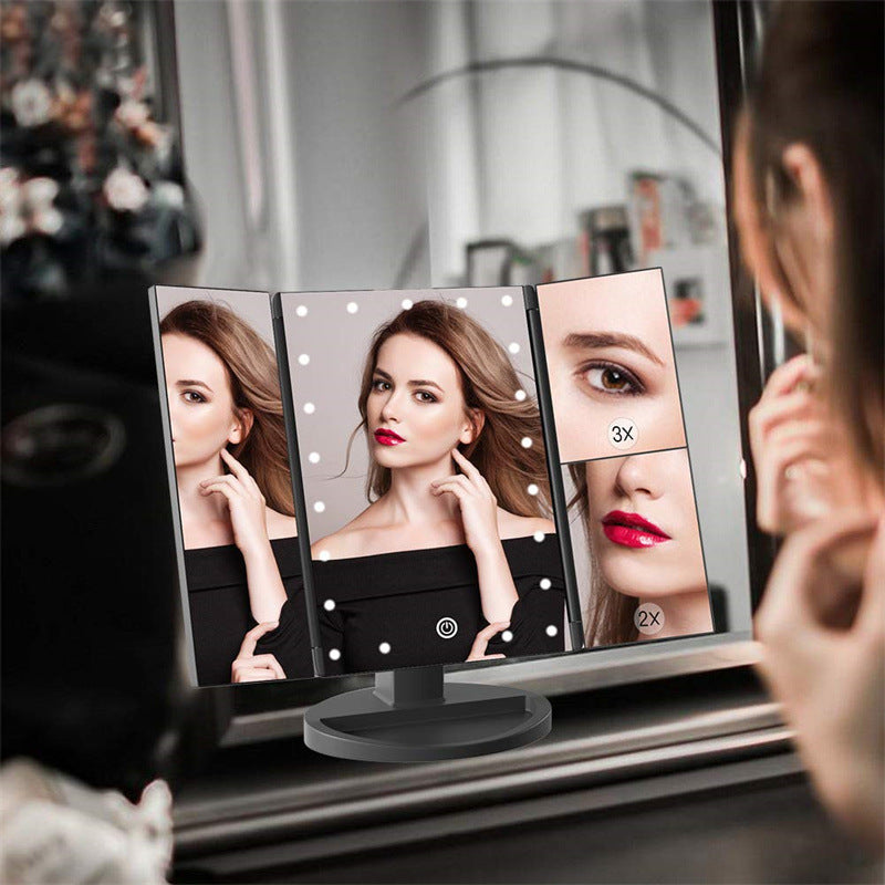 Black 360° Rotating LED Tri-Fold Makeup Mirror – 22-Bulb Illuminated Vanity Mirror with 1X/2X/3X Magnification
