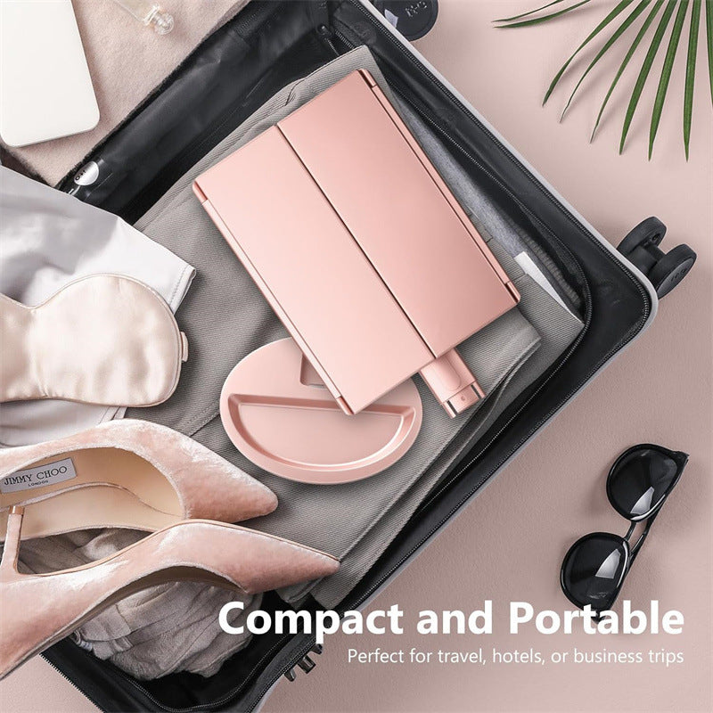 Pink 360° Rotating LED Tri-Fold Makeup Mirror – 22-Bulb Illuminated Vanity Mirror with 1X/2X/3X Magnification
