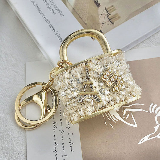 Beige Rhinestone Lock Bag Charm Keychain