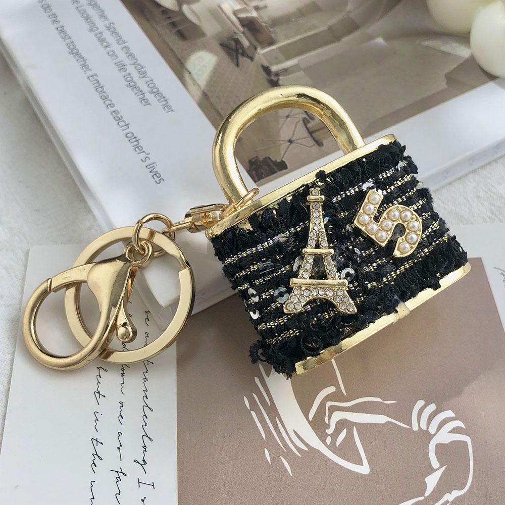 Black Rhinestone Lock Bag Charm Keychain