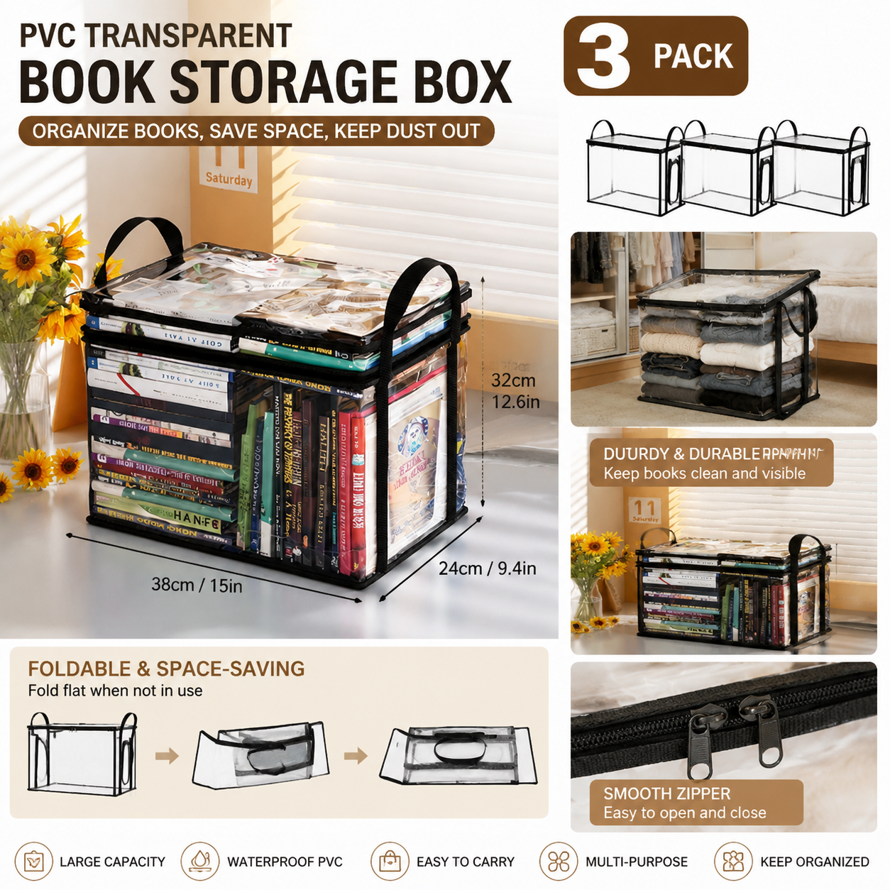 Clear PVC Book Storage Boxes 3 Pack
