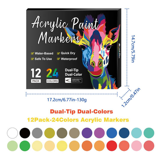 Dual-Tip Acrylic Markers – 12-Pack for Multi-Surface Writing and Coloring (24 Colors)