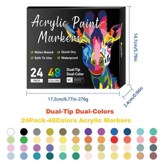 Dual-Tip Acrylic Markers – 24-Pack, Water-Based, Quick-Dry, Waterproof, for Multi-Surface Writing and Coloring (48 Colors)