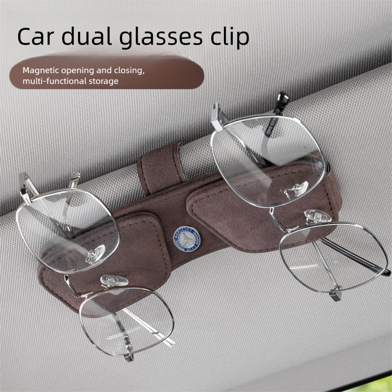 Brown Car Sun Visor Sunglasses Holder – Magnetic Dual Clip Organizer with Suede Finish, No-Drill Mounting for Glasses, Cards & Tickets