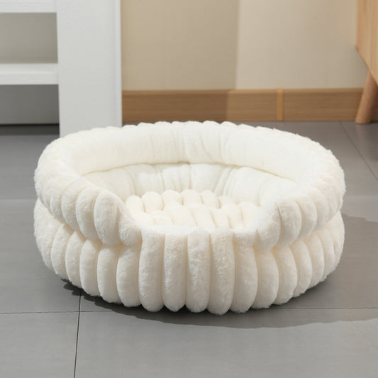 White Plush Round Pet Bed with Removable Cushion M Size