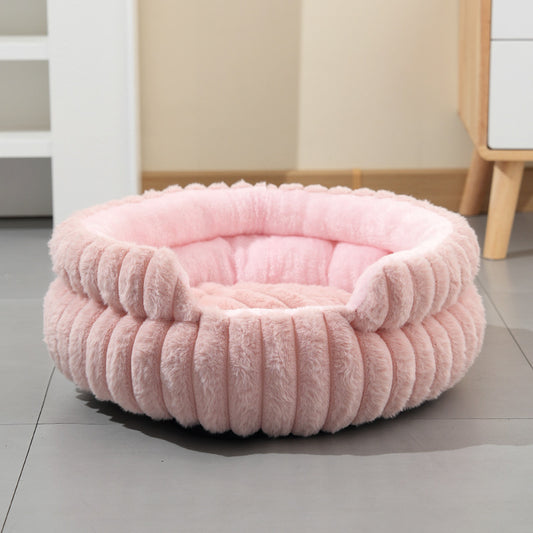 Pink Plush Round Pet Bed with Removable Cushion M Size