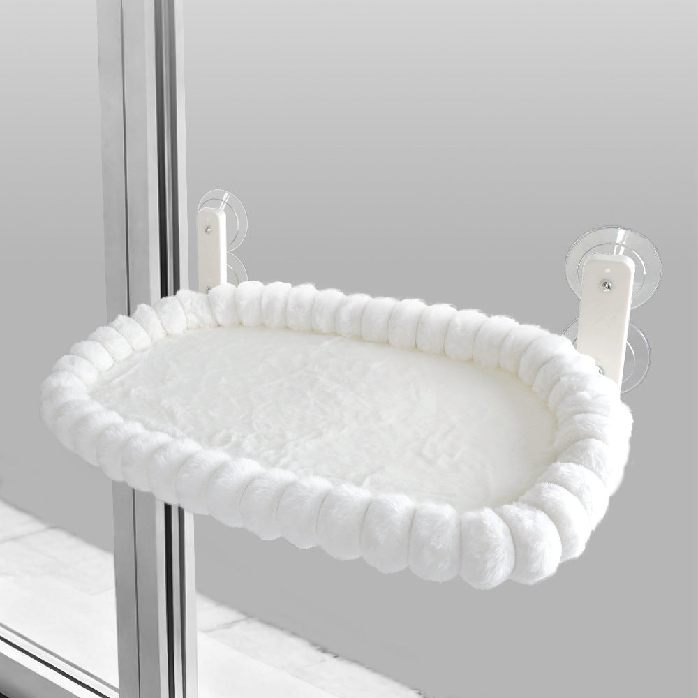 White Plush Cat Window Hammock with Strong Suction Cups, Faux Rabbit Fur Pet Bed for Cats and Small Dogs
