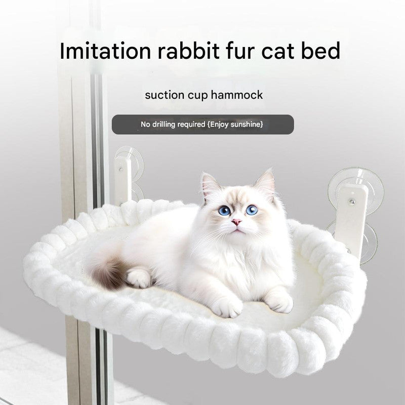 White Plush Cat Window Hammock with Strong Suction Cups, Faux Rabbit Fur Pet Bed for Cats and Small Dogs