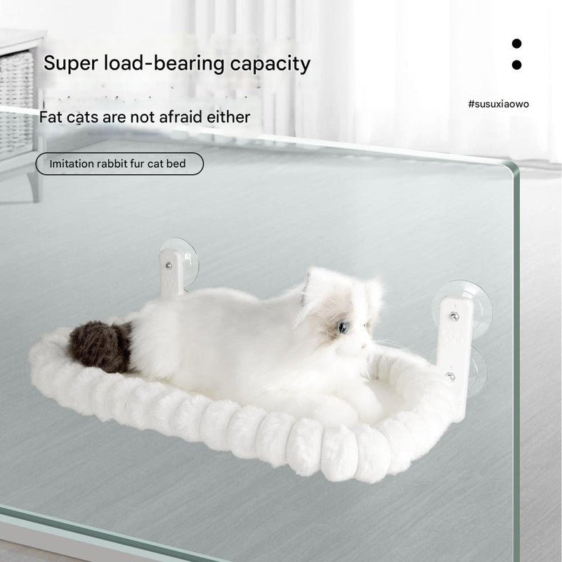 White Plush Cat Window Hammock with Strong Suction Cups, Faux Rabbit Fur Pet Bed for Cats and Small Dogs