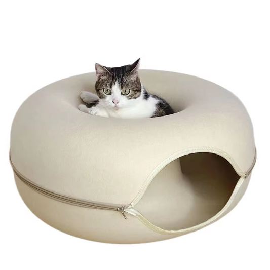 Beige Felt Donut Cat Bed with Zipper Tunnel Toy, Double-Layer Pet Cave