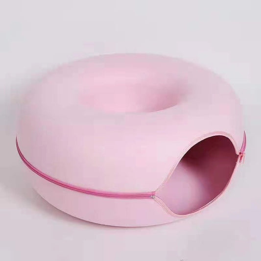 Pink Felt Donut Cat Bed with Zipper Tunnel Toy, Double-Layer Pet Cave