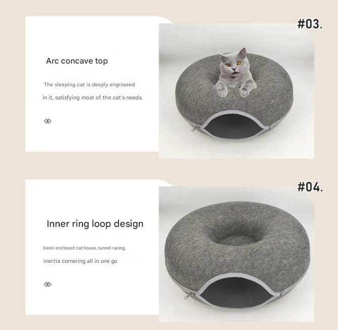 Pink Felt Donut Cat Bed with Zipper Tunnel Toy, Double-Layer Pet Cave for Cats, M Size (50x20cm), Cozy Hideaway for Indoor Cats