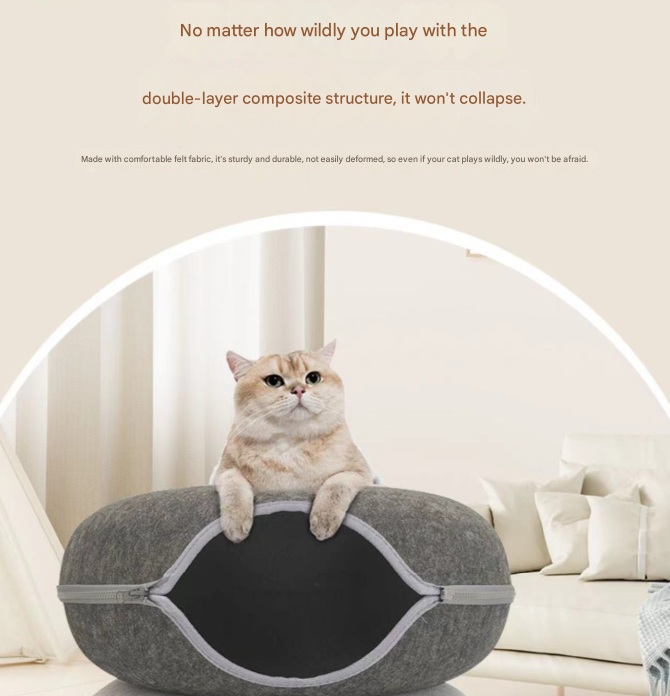 Pink Felt Donut Cat Bed with Zipper Tunnel Toy, Double-Layer Pet Cave for Cats, M Size (50x20cm), Cozy Hideaway for Indoor Cats