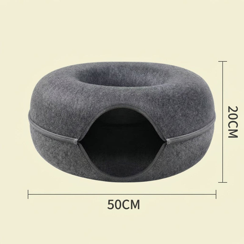 Sky blue Felt Donut Cat Bed with Zipper Tunnel Toy, Double-Layer Pet Cave for Cats, M Size (50x20cm), Cozy Hideaway for Indoor Cats
