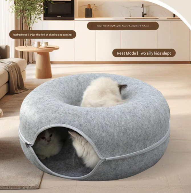 Light grey Felt Donut Cat Bed with Zipper Tunnel Toy, Double-Layer Pet Cave for Cats, M Size (50x20cm), Cozy Hideaway for Indoor Cats