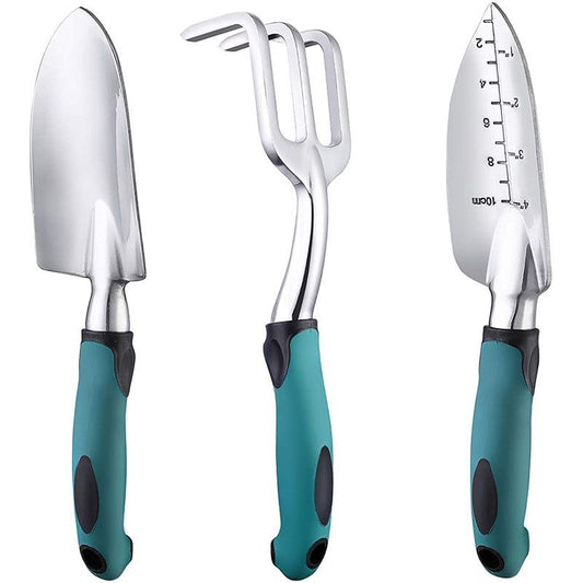 3-Piece Green Gardening Tool Set - Heavy Duty Aluminum Alloy with Bonus Claw Gardening Gloves - Rust Resistant Hand Trowel, Cultivator and Transplanter