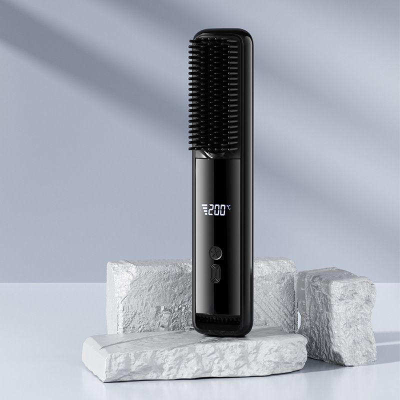 Black Wireless Rechargeable Hair Straightener Brush with LCD Display