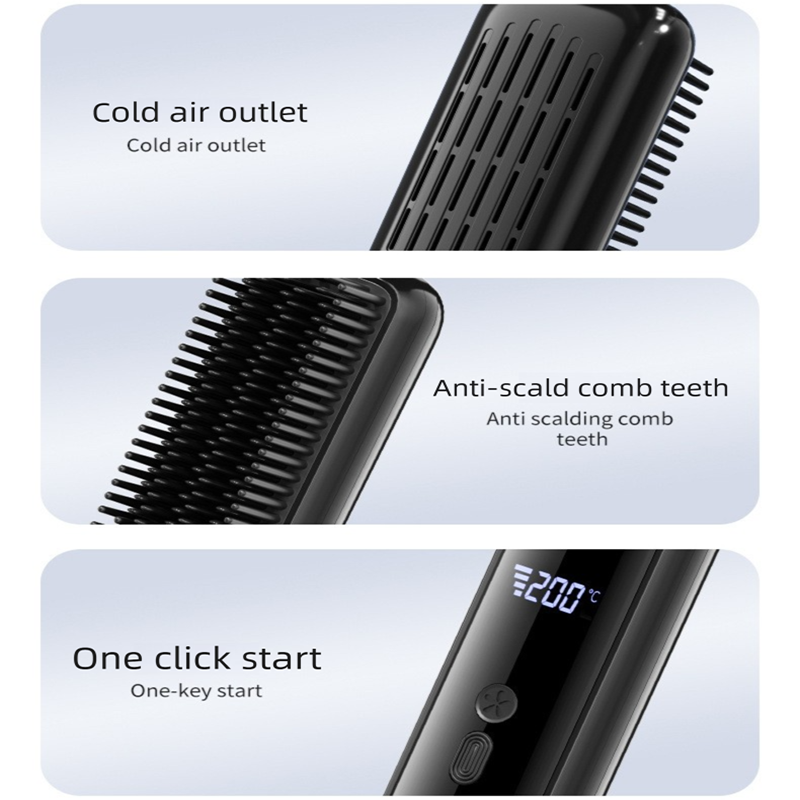 Black Wireless Rechargeable Hair Straightener Brush with LCD Display