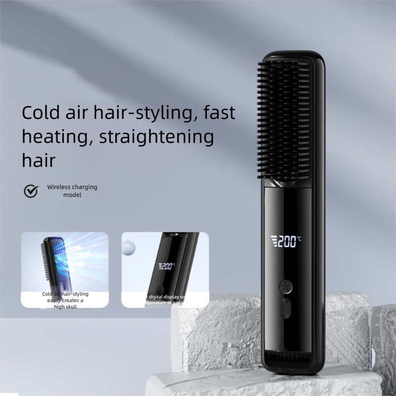 Black Wireless Rechargeable Hair Straightener Brush with LCD Display