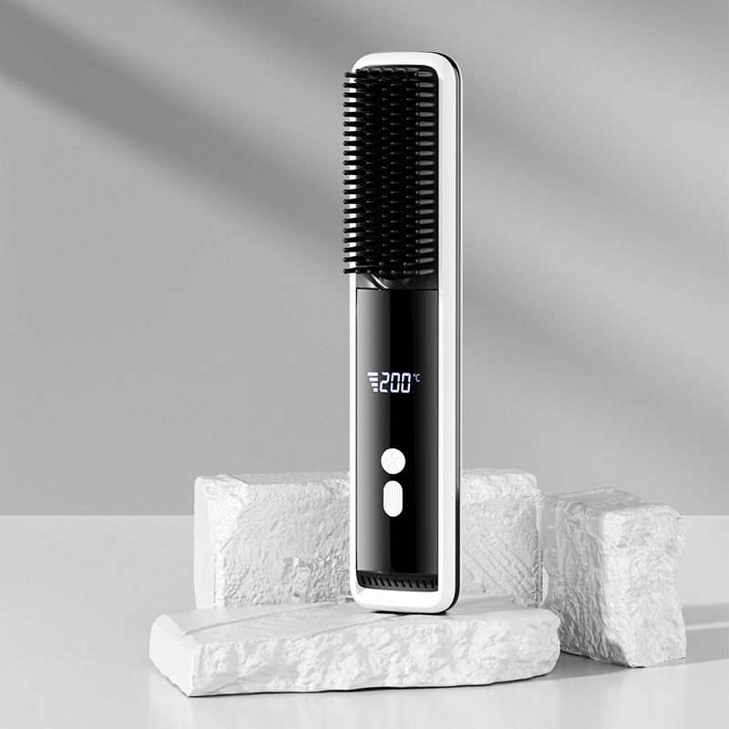 White Wireless Rechargeable Hair Straightener Brush with LCD Display
