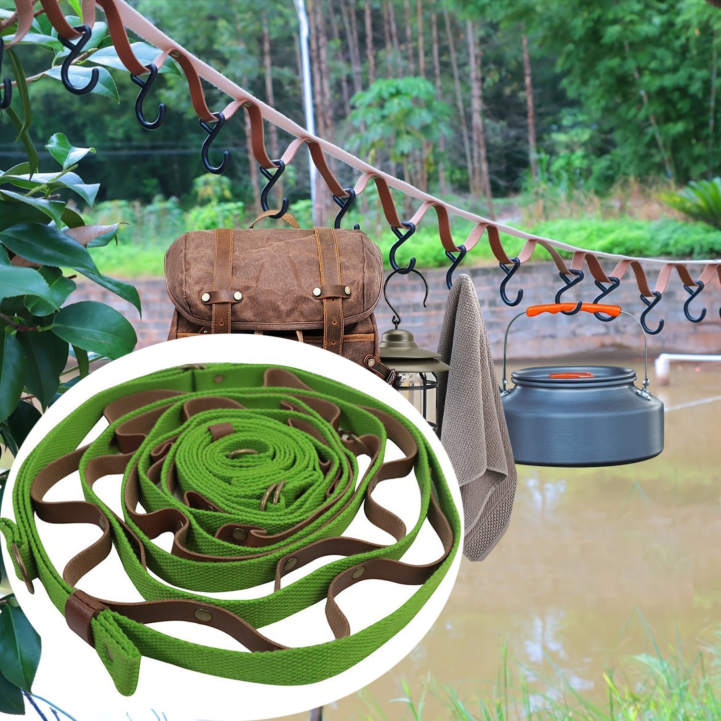 Green & Brown Camping Lanyard with 19 Carabiners