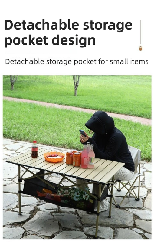 95CM Khaki Portable Folding Egg Roll Camping Table with Storage Bag & Mesh Net- Heavy-Duty Carbon Steel Picnic Table for 4-6 People