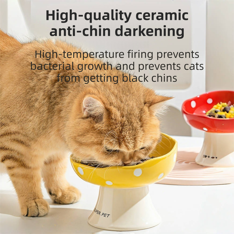 Red and Yellow Elevated 15° Tilted Ceramic Cat Bowl - Anti-Chin Acne Glaze Finish, Non-Slip Weighted Base & Neck Protection Pet Feeder