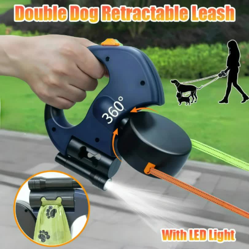 Red One-to-Two Retractable Dog Leash with One-Click Safety Lock & Night Light - 3M Tangle-Free 360° Rotation Walking Leash