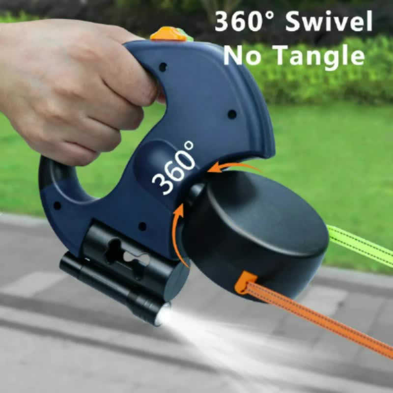 Brown and Grey One-to-Two Retractable Dog Leash with One-Click Safety Lock & Night Light - 3M Tangle-Free 360° Rotation Walking Leash