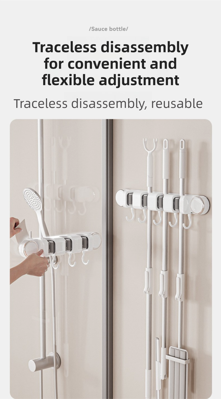 White Vacuum Suction Cup Mop & Broom Holder with 4 Roller Clips + 5 Hooks - Heavy Duty Waterproof Rack for Bathroom & Kitchen