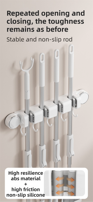 White Vacuum Suction Cup Mop & Broom Holder with 4 Roller Clips + 5 Hooks - Heavy Duty Waterproof Rack for Bathroom & Kitchen