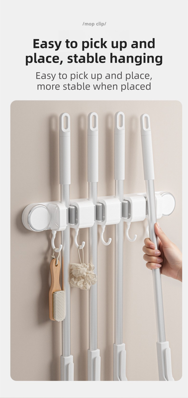 White Vacuum Suction Cup Mop & Broom Holder with 4 Roller Clips + 5 Hooks - Heavy Duty Waterproof Rack for Bathroom & Kitchen