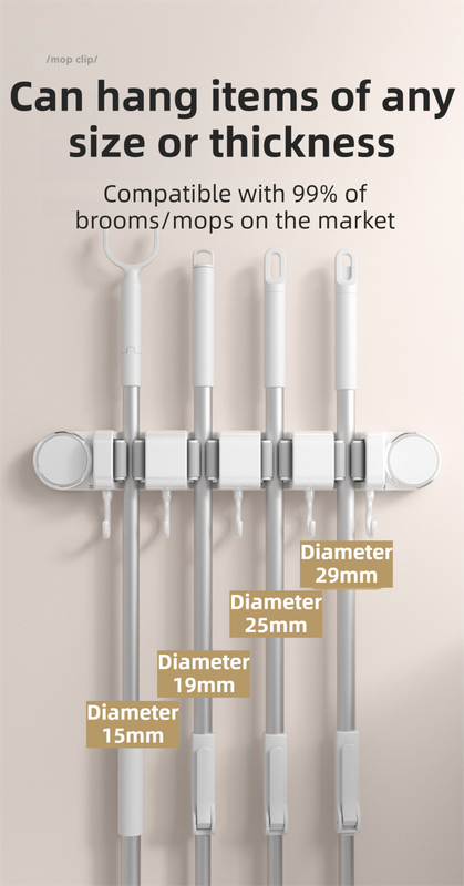 White Vacuum Suction Cup Mop & Broom Holder with 4 Roller Clips + 5 Hooks - Heavy Duty Waterproof Rack for Bathroom & Kitchen