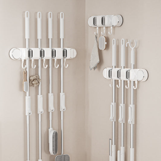 White Suction Mop & Broom Storage Rack Set