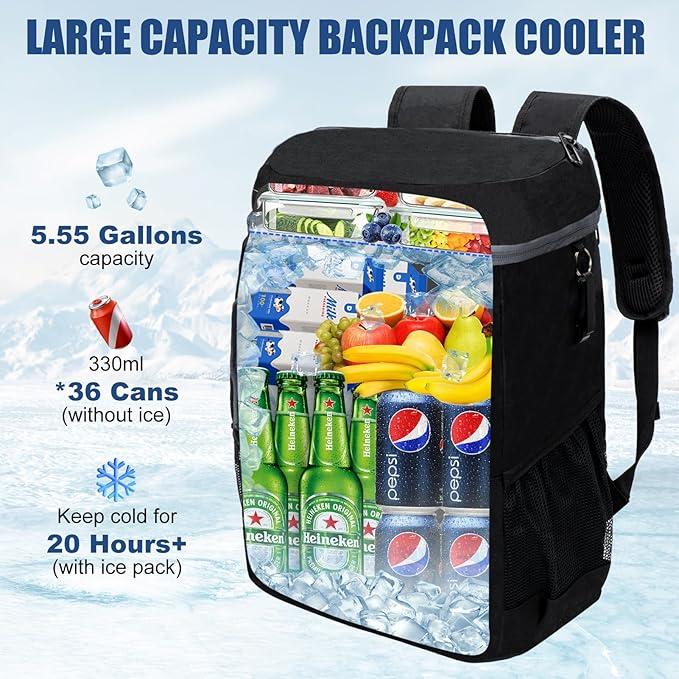 Light Grey 5.55 Gallons Large Insulated Picnic Backpack with Multi Pockets & Leak-Proof Interior - Multifunctional Waterproof Thermal Lunch Bag for Camping, Hiking & Outdoor Travel