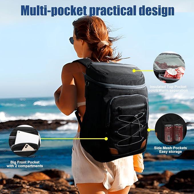 Blue 5.55 Gallons Large Insulated Picnic Backpack with Multi Pockets & Leak-Proof Interior - Multifunctional Waterproof Thermal Lunch Bag for Camping, Hiking & Outdoor Travel