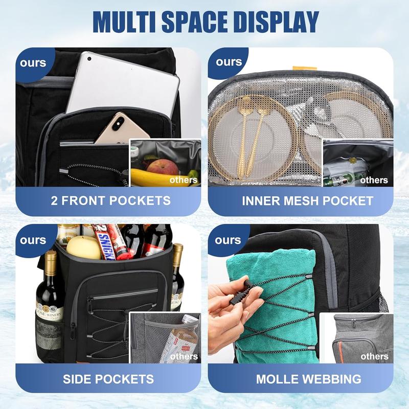 Dark Grey 5.55 Gallons Large Insulated Picnic Backpack with Multi Pockets & Leak-Proof Interior - Multifunctional Waterproof Thermal Lunch Bag for Camping, Hiking & Outdoor Travel
