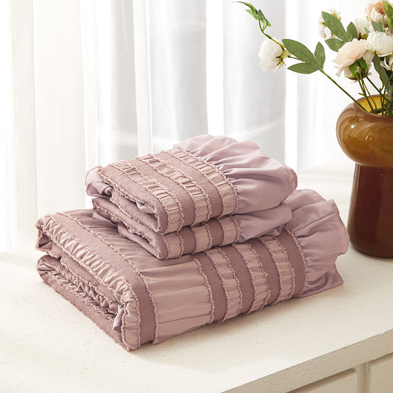 Pink Elegant Ruffle Seersucker Duvet Cover with 2PCS Pillow Shams - 3-Piece Vertical Stripe Clipped Floral Textured Bedding (Queen Size 229 x 229 CM)