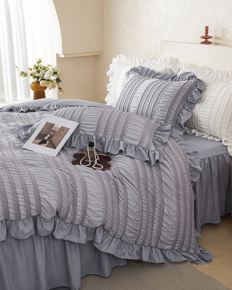 Pink Elegant Ruffle Seersucker Duvet Cover with 2PCS Pillow Shams - 3-Piece Vertical Stripe Clipped Floral Textured Bedding (King Size 264 x 229 CM)