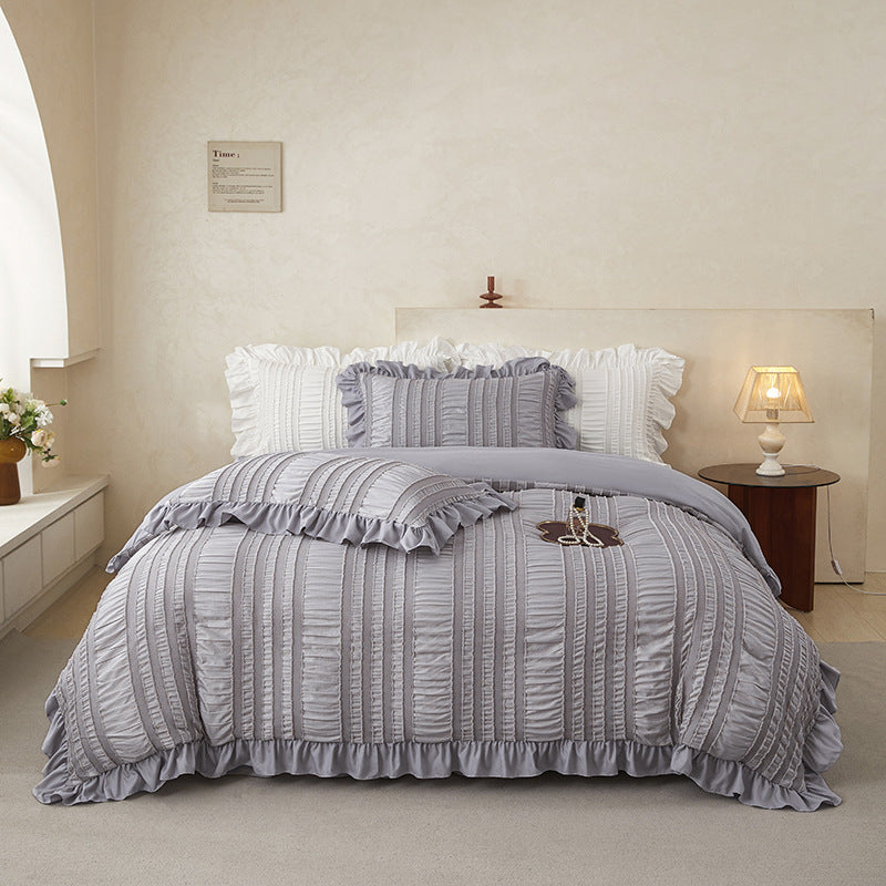 Grey Elegant Ruffle Seersucker Duvet Cover with 2PCS Pillow Shams - 3-Piece Vertical Stripe Clipped Floral Textured Bedding (Queen Size 229 x 229 CM)