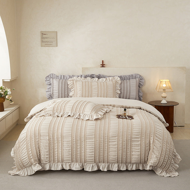 Beige Elegant Ruffle Seersucker Duvet Cover with 2PCS Pillow Shams - 3-Piece Vertical Stripe Clipped Floral Textured Bedding (Twin Size 168 x 229 CM)