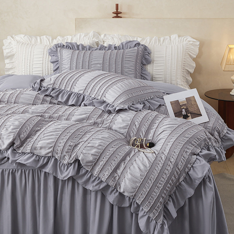 Beige Elegant Ruffle Seersucker Duvet Cover with 2PCS Pillow Shams - 3-Piece Vertical Stripe Clipped Floral Textured Bedding (Twin Size 168 x 229 CM)