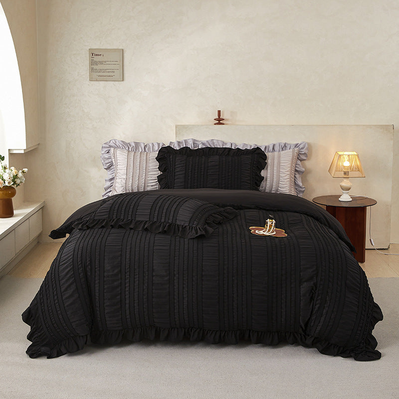 Black Elegant Ruffle Seersucker Duvet Cover with 2PCS Pillow Shams - 3-Piece Vertical Stripe Clipped Floral Textured Bedding (Full Size 200 x 229 CM)