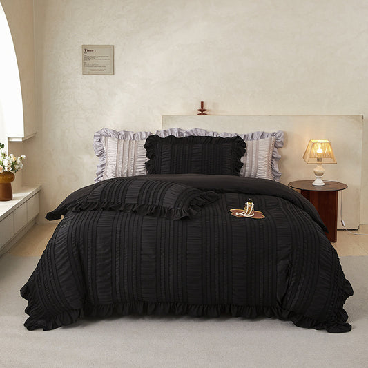 Black Elegant Ruffle Seersucker Duvet Cover with 2-Piece Pillow Shams
